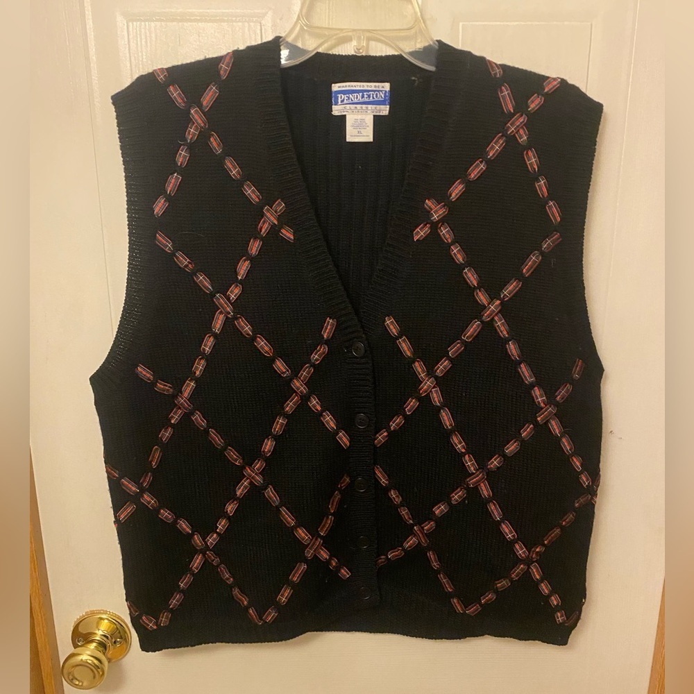 Pendleton Wool Knit Button-Front Sweater Vest with Red Plaid Ribbon